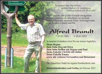 Traueranzeige von Alfred Brandt von Südthüringer Presse