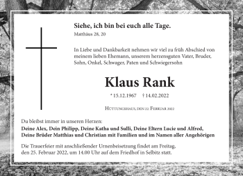 Traueranzeige von Klaus Rank von Frankenpost