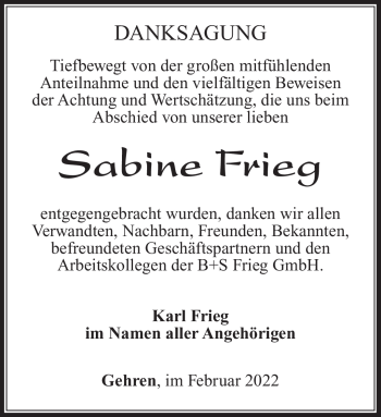 Traueranzeige von Sabine Frieg von Südthüringer Presse