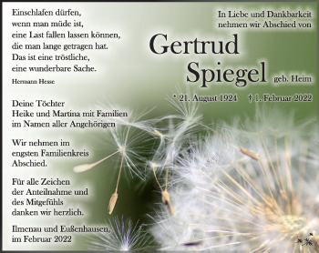 Traueranzeige von Gertrud Spiegel von Südthüringer Presse