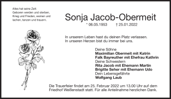 Traueranzeige von Sonja Jacob-Obermeit von Frankenpost
