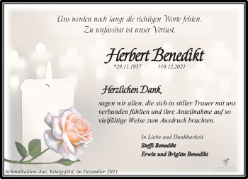 Traueranzeige von Herbert Benedikt von Südthüringer Presse