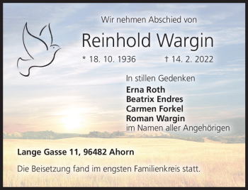 Traueranzeige von Reinhold Wargin von Neue Presse Coburg