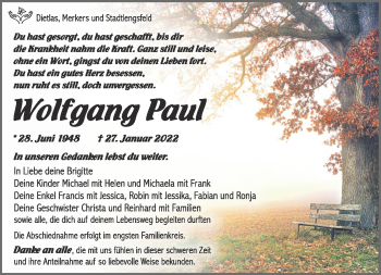 Traueranzeige von Wolfgang Paul von Südthüringer Presse
