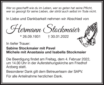 Traueranzeige von Hermann Stockmaier von Frankenpost