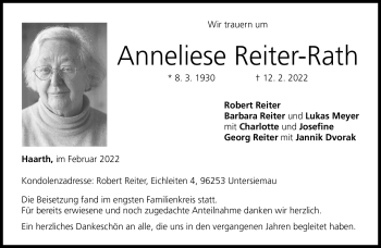 Traueranzeige von Annelies Reiter-Rath von Neue Presse Coburg
