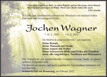 Traueranzeige von Jochen Wagner von Südthüringer Presse