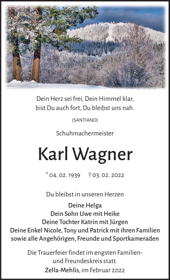 Traueranzeige von Karl Wagner von Südthüringer Presse