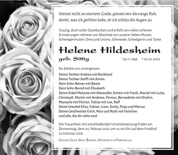 Traueranzeige von Helene Hildesheim von Südthüringer Presse