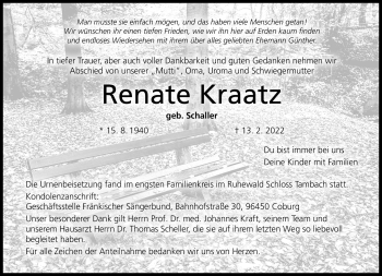 Traueranzeige von Renate Ursula Kraatz von Neue Presse Coburg