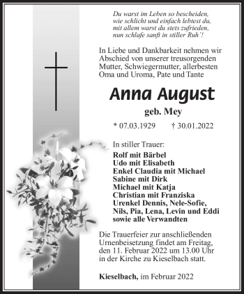 Traueranzeige von Anna August von Südthüringer Presse