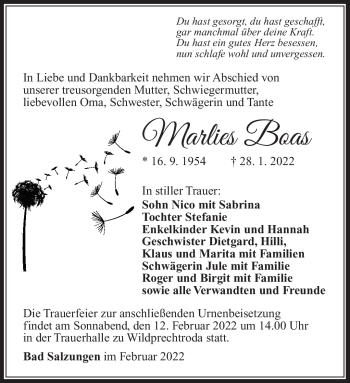 Traueranzeige von Marlies Boas von Südthüringer Presse