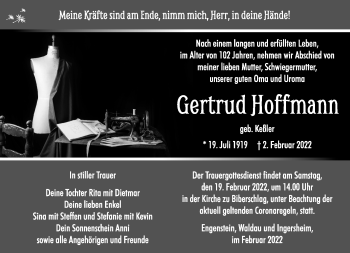 Traueranzeige von Gertrud Hoffmann von Südthüringer Presse