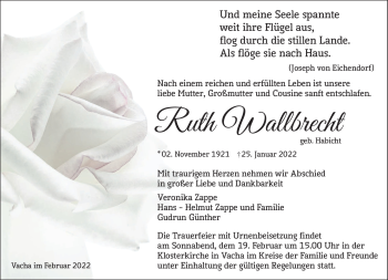 Traueranzeige von Ruth Wallbrecht von Südthüringer Presse