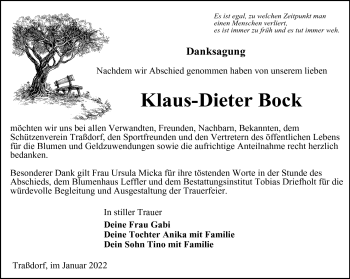 Traueranzeige von Klaus-Dieter Bock von Südthüringer Presse