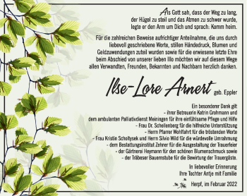Traueranzeige von Ilse-Lore Arnert von Südthüringer Presse