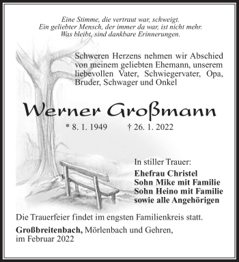 Traueranzeige von Werner Großmann von Südthüringer Presse