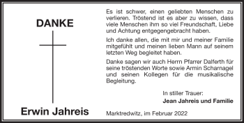 Traueranzeige von Erwin Jahreis von Frankenpost