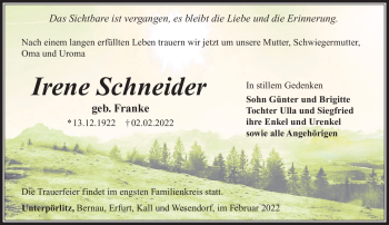 Traueranzeige von Irene Schneider von Südthüringer Presse
