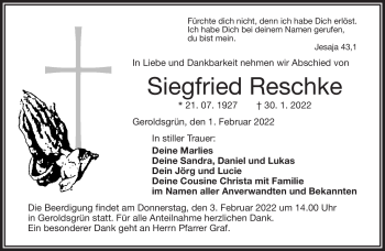 Traueranzeige von Siegfried Reschke von Frankenpost