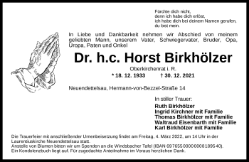 Traueranzeige von Horst Birkhölzer von Frankenpost