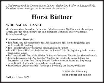 Traueranzeige von Horst Büttner von Südthüringer Presse