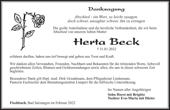 Traueranzeige von Herta Beck von Südthüringer Presse