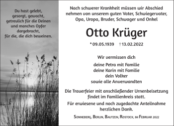 Traueranzeige von Otto Krüger von Südthüringer Presse