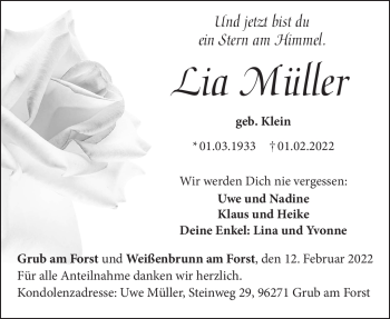 Traueranzeige von Lia Müller von Neue Presse Coburg