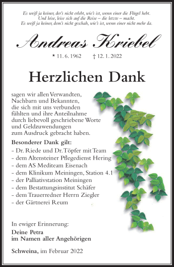 Traueranzeige von Andreas Kriebel von Südthüringer Presse