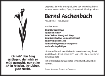 Traueranzeige von Bernd Aschenbach von Südthüringer Presse