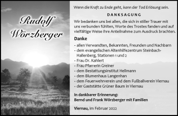 Traueranzeige von Rudolf Wörzberger von Südthüringer Presse