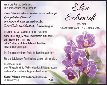 Traueranzeige von Else Schmidt von Südthüringer Presse