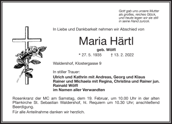 Traueranzeige von Maria Härtl von Frankenpost