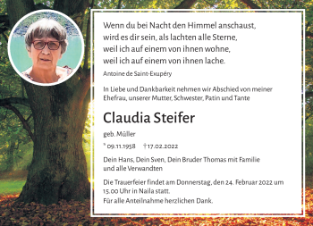 Traueranzeige von Claudia Steifer von Frankenpost