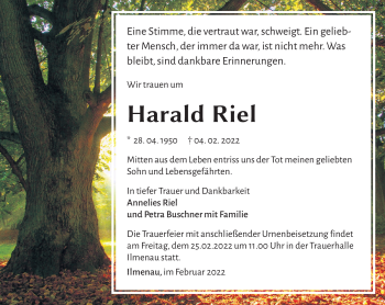 Traueranzeige von Harald Riel von Südthüringer Presse
