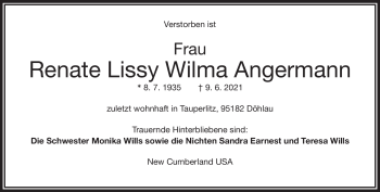 Traueranzeige von Renate Angermann von Frankenpost