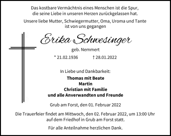 Traueranzeige von Erika Schwesinger von Neue Presse Coburg