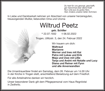 Traueranzeige von Wiltrud Peetz von Frankenpost