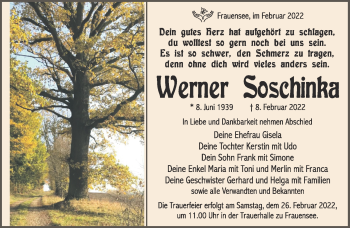 Traueranzeige von Werner Soschinka von Südthüringer Presse