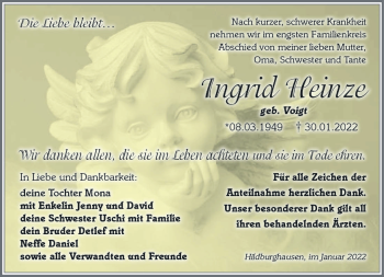 Traueranzeige von Ingrid Heinze von Südthüringer Presse