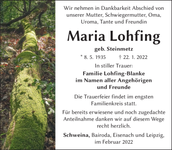 Traueranzeige von Maria Lohfing von Südthüringer Presse