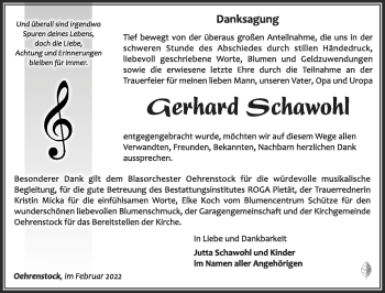 Traueranzeige von Gerhard Schawohl von Südthüringer Presse