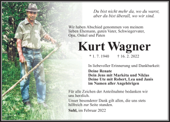 Traueranzeige von Kurt Wagner von Südthüringer Presse