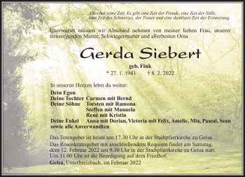 Traueranzeige von Gerda Siebert von Südthüringer Presse
