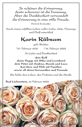 Traueranzeige von Karin Rübsam von Südthüringer Presse