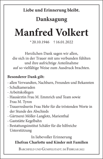 Traueranzeige von Manfred Volkert von Südthüringer Presse