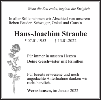 Traueranzeige von Hans-Joachim Straube von Südthüringer Presse
