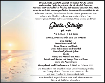 Traueranzeige von Gisela Schulz von Südthüringer Presse
