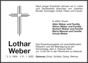 Traueranzeige von Lothar Weber von Südthüringer Presse